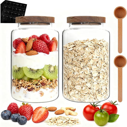 Glass Coffee Jar with Wood Lids Spoon Labels Clear Coffee Ground Canister set of 2,Borosilicate Glass Food Containers for Spice Cookies Sugar Tea Bar (2800ml/94oz-2 pack-with spoon)