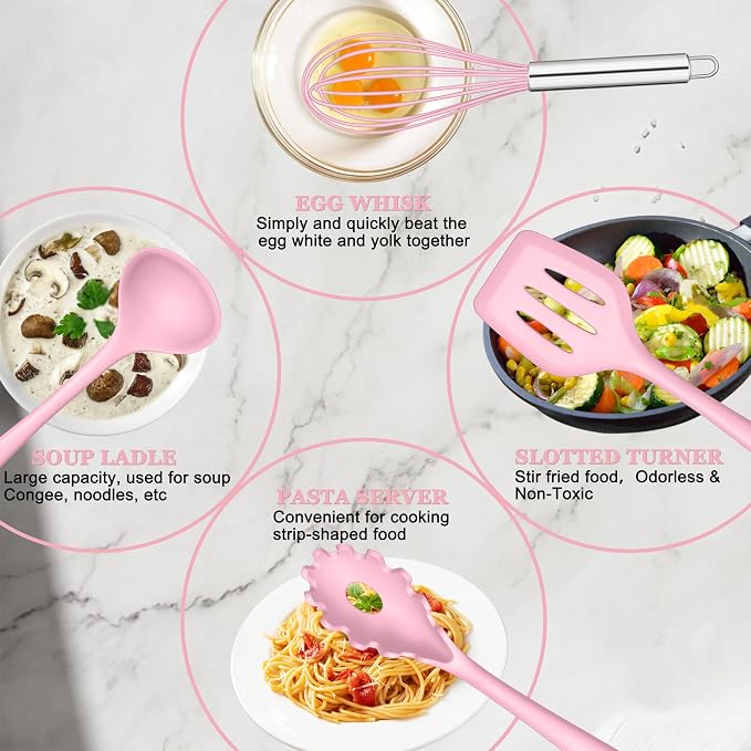 E-far Pink Silicone Cooking Utensils Set, 10-Piece Kitchen Utensil Set for Nonstick Cookware, Silicone Kitchen Tools with Spatula Turner Spoon Tongs Whisk, Heat Resistant & Non-Toxic, Dishwasher Safe
