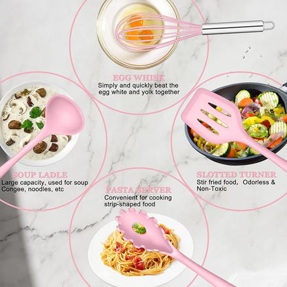 E-far Pink Silicone Cooking Utensils Set, 10-Piece Kitchen Utensil Set for Nonstick Cookware, Silicone Kitchen Tools with Spatula Turner Spoon Tongs Whisk, Heat Resistant & Non-Toxic, Dishwasher Safe