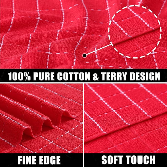 Mordimy 100% Cotton Terry Cloth Kitchen Towels, Super Soft and Absorbent Dish Towels for Drying, Checkered Designed Hand Towels for Kitchen, 13 x 28 Inches, 4 Pack, Red