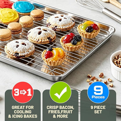 Stainless Steel Baking Sheet Tray Cooling Rack with Silicone Baking Mat Set, 9/12/16 Inch Cookie Sheet Baking Pan with Wire Rack Set, Set of 9 (3 Sheets + 3 Racks + 3 Mats), Heavy Duty & Rust Proof