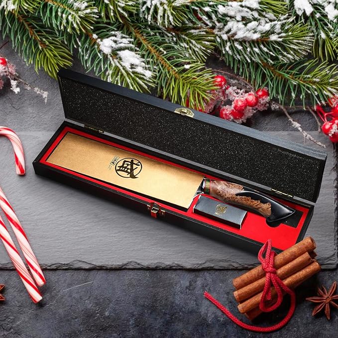 MITSUMOTO SAKARI 8-Inch Japanese Gyuto Chef Knife, 440C Damascus Steel | Precision Pull Cuts, Deep-Cryo Edge Stability, 2.2 mm Thin Blade Control, Maple Burl Handle, Sandalwood Box