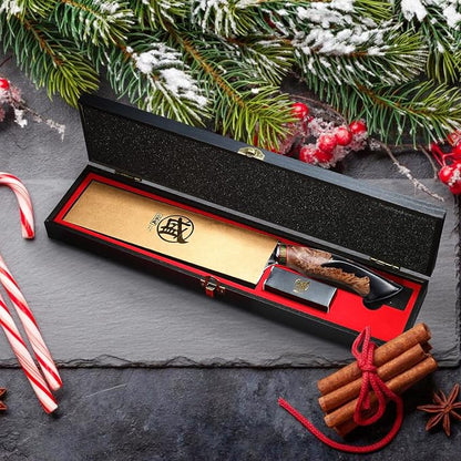 MITSUMOTO SAKARI 8-Inch Japanese Gyuto Chef Knife, 440C Damascus Steel | Precision Pull Cuts, Deep-Cryo Edge Stability, 2.2 mm Thin Blade Control, Maple Burl Handle, Sandalwood Box