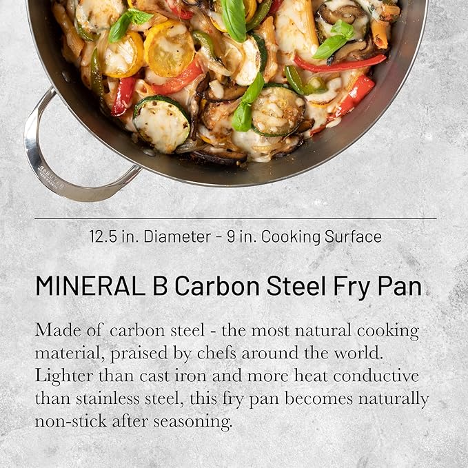 de Buyer MINERAL B Carbon Steel Fry Pan - 12.5” Diameter, 9” Cooking Surface - Ideal for Searing, Sauteing & Reheating - Naturally Non-Stick Finish - Made in France