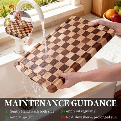 WILLKOMMEN Checkered Cutting Board for Kitchen– Wood Checkerboard End Grain Chopping Board 1" Thick Butcher Block with Juice Groove & Handle, Reversible for Cooking and Serving (Rectangular)