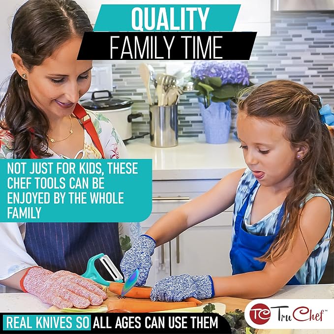 TruChef 5-Piece Kids Cooking Chef Knife Set | Real Stainless Steel Knives with Peeler, Serrated Knife & Holder | Kids Safe Rounded Tips, Easy-Grip Handles | Kitchen Knife Set (5 pcs, Aqua)