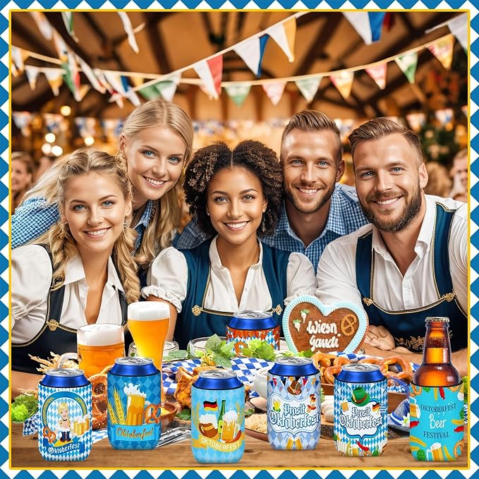 Oktoberfest Can Cooler Sleeves, 18pcs Oktoberfest 12 oz Cold Drinks Bavarian Style Beer Drink Can Bottle Cooler Sleeves for Oktoberfest Party Favors Decorations Supplies