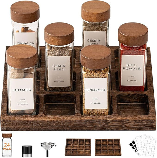 Yangbaga Glass Spice Containers for Kitchen: 24p 4oz Durable Glass Dishwasher Safe Jars w/2p Rack for Cooking Enthusiasts- Airtight Acacia lid 500X Open-Close no Loose - Gift/Daily Use for Housewives