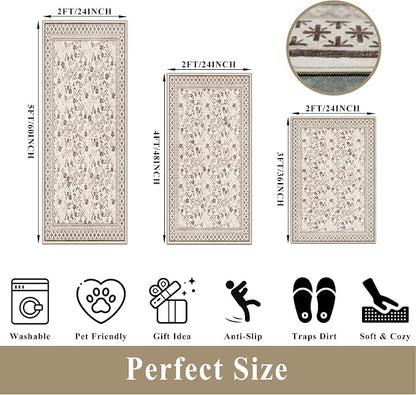 3-Piece Kitchen Rugs Set for Floor, Washable Non-Slip Farmhouse Kitchen Mats for Hardwood Floor, Rustic Floral Boho Runner Rug for Sink,Entryway & Hallway & Bathroom (Beige/Brown/Floral,2x3-2x4-2x5)