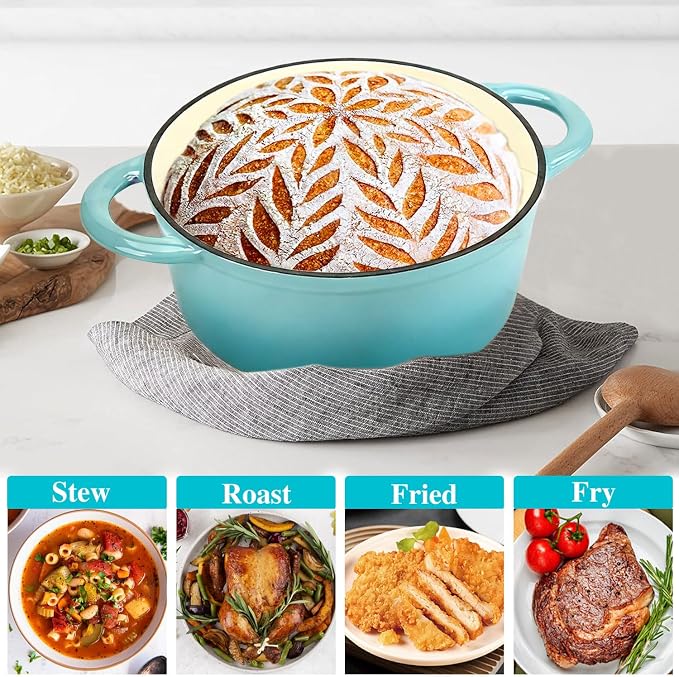 COOKWIN Enameled Cast Iron Dutch Oven, 5 QT Bread Baking Pot with Self Basting Lid, Non-stick Enamel Coated Cookware Pot, Great Christmas Gifts for Family, Teal