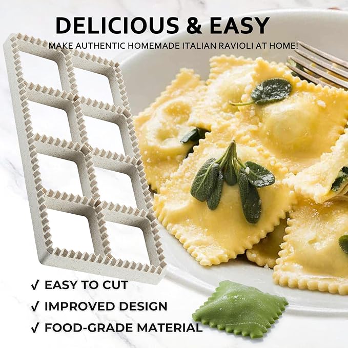 Ravioli Maker Press, Ravioli Press Mold Set - Squares Ravioli Stamp Maker Cutter with Wood Rolling Pin and Ravioli Wheel, Ravioli Stamp Pasta Making Tools | Makes 8 Ravioli, 1.85"