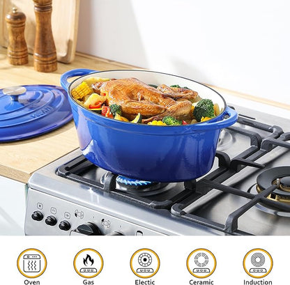 Velaze 7.5 QT Enameled Oval Dutch Oven Pot with Lid, Cast Iron Dutch Oven with Dual Handles for Bread Baking, Cooking, Frying, Non-stick Enamel Coated Cookware（Blue)
