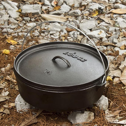 Lodge Seasoned Cast Iron Camp Dutch Oven with Lid - 6 Quart - Dual Handles - Seasoned Cast Iron Cookware with Steel Handle & Strong Lid for Heavy- Duty Camping Cookware