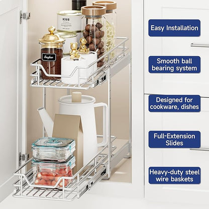 2-Tier Pull Out Cabinet Organizer, 7.5" W x 21.5" D, Heavy Duty Dual Slide Out Shelves for Narrow Base Cabinets, Chrome Wire Basket Drawer for Spices, Bottles & Snacks