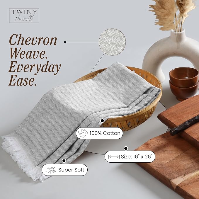 TWINY threads Kitchen Towel Chevron Design, Premium 100% Cotton Kitchen Linen Set, Large Dish Rags and Wash Rags, Absorbent Quick Drying, Washable Reusable, Pack of 4, 16"x26", Light Grey