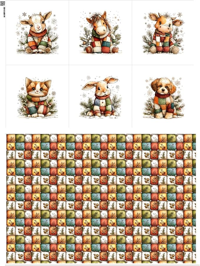 Cozy Animals Patchwork Quilting Fabric Panel – 6× (10×10 inch) Blocks + Bonus Patchwork Sheet 29.5×19.6 inch, 100% Cotton 140 GSM, Winter Forest Animal Theme