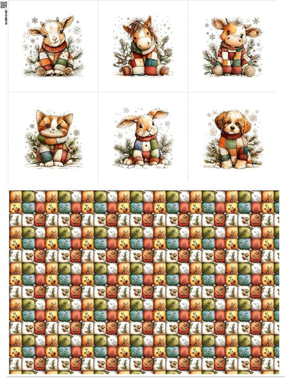 Cozy Animals Patchwork Quilting Fabric Panel – 6× (10×10 inch) Blocks + Bonus Patchwork Sheet 29.5×19.6 inch, 100% Cotton 140 GSM, Winter Forest Animal Theme