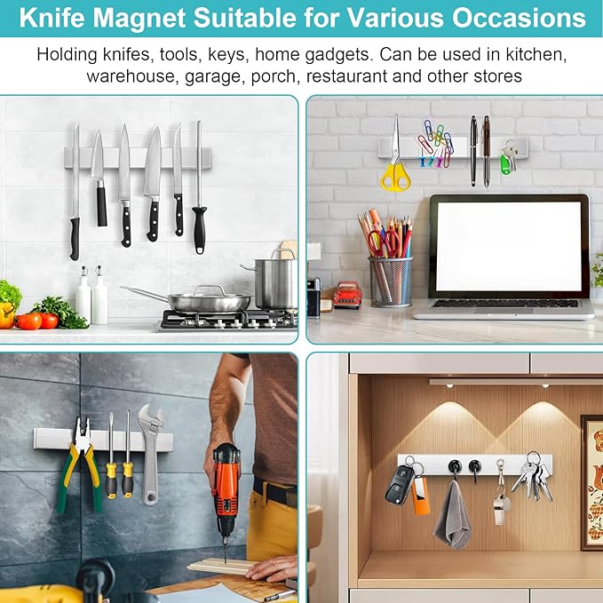 16 Inches Magnetic Knife Strip No Drill, Adhesive Magnetic Knife Holder for Wall, Magnet Knife Holder Wall Mount, Knife Bar Knife Rack Block for Metal Tools Utensils RV Kitchen Organizers and Storage