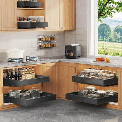 Seinloes 4 Pack Expandable Pull Out Cabinet Organizer 21"Deep With Raising Pad for Framed Cabinets,Upgrade 3 Slide Rails Slide Out Drawers,No Drill Roll Out Shelves,Adjustable Width 12.1"-20.4" Black