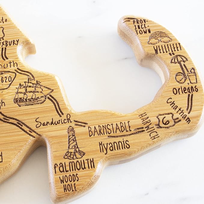 Totally Bamboo Destination Massachusetts State Shaped Serving and Cutting Board, Includes Hang Tie for Wall Display