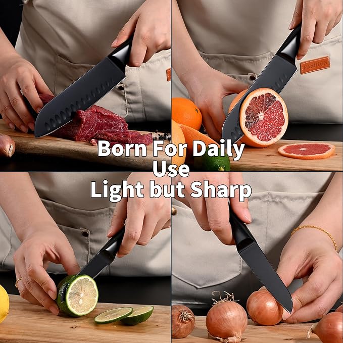 SHI BA ZI ZUO 2 Pieces Kitchen Knife Set,Santoku Knife and Paring Knife,Black Ti Coating Japanese Chef Knife Fruit knives with Hollow Handle
