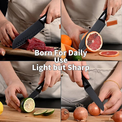 SHI BA ZI ZUO 2 Pieces Kitchen Knife Set,Santoku Knife and Paring Knife,Black Ti Coating Japanese Chef Knife Fruit knives with Hollow Handle