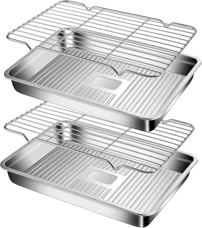 GIUOIDUO Stainless Steel Baking Tray with Grill,(3 trays and 3 grills), for Baking, Cooling Cookies or Bacons, Ovens and Dishwashers Safe, Heat Evenly, Durable Cookie sheet