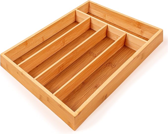 BergHOFF Bamboo Flatware Organizer 5-slot, 13.75" x 9.75", Natural, Fit in most kitchen drawer, great for spoons, forks, knives, scissors, peelers, chef tools