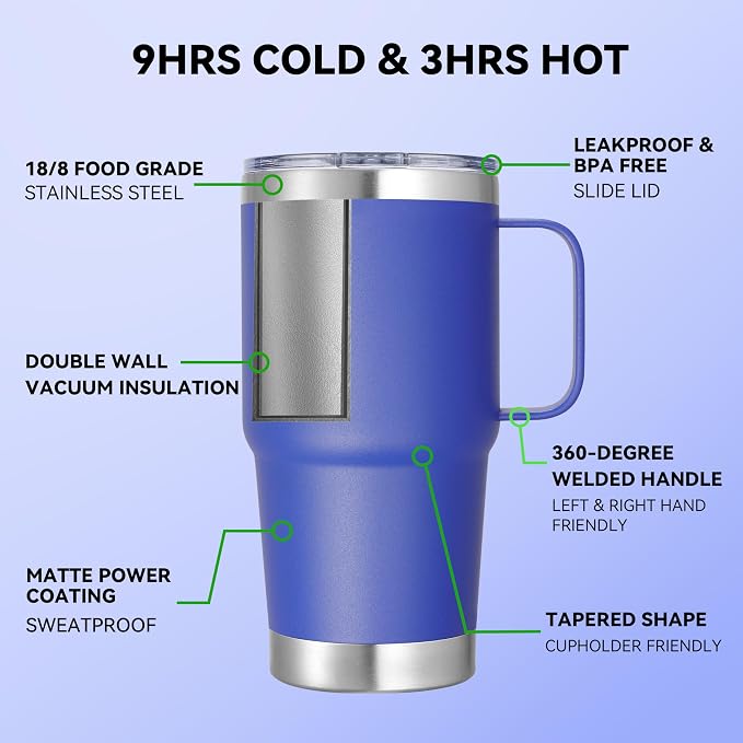 20 oz Stainless Steel Tumbler with Handle Bulk Metal Insulated Tumblers Travel Coffee Mug with Handle Double Wall Tumbler Cup with Lid and Straw, Blue 12 Pack