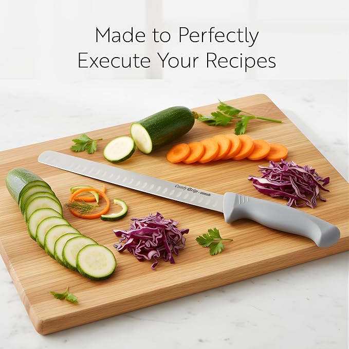 Restaurantware 12 Inch Slicing Knife Stainless Steel Ergonomic Handle Non-Slip Grip Durable Kitchen Knife, Dishwasher-Friendly for Home Cooking and Commercial Use, Gray