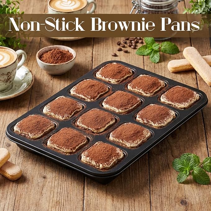 4 Pack Brownie Pan, 12 Cavity All Edges Square Cupcake Brownie Pans Mini Cake Non-stick Bakeware for Bread Loaf Cake Cookie Oven, Heavy Duty Carbon Steel Mini Muffin Pan
