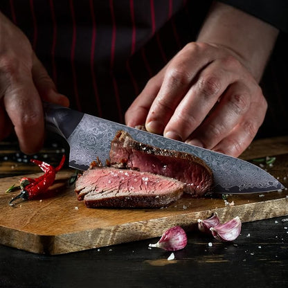 8” Chef Knife – VG10 Damascus Steel Kitchen Knife, Razor Sharp Professional Cooking Knife with Ergonomic G10 Handle, Luxury Gift Box & Sheath, Gift for Home Chefs