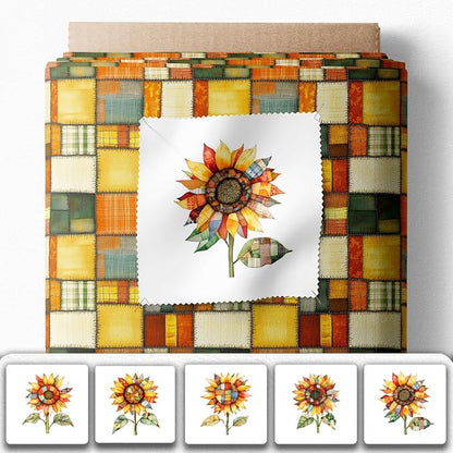 Patchwork Sunflower Cotton Fabric Panel – Six 10×10 inch Designs + Bonus 29.5×19.6 inch Patchwork Sheet, 100% Turkish Cotton 140 GSM