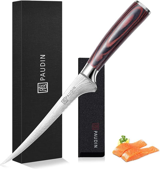 PAUDIN Fillet Knife 7 Inch, Super Sharp Boning Knife, High Carbon German Steel, Professional Fish Knives for Meat Cutting, Ergonomic Pakkawood Handle and Sheath, Gift Box
