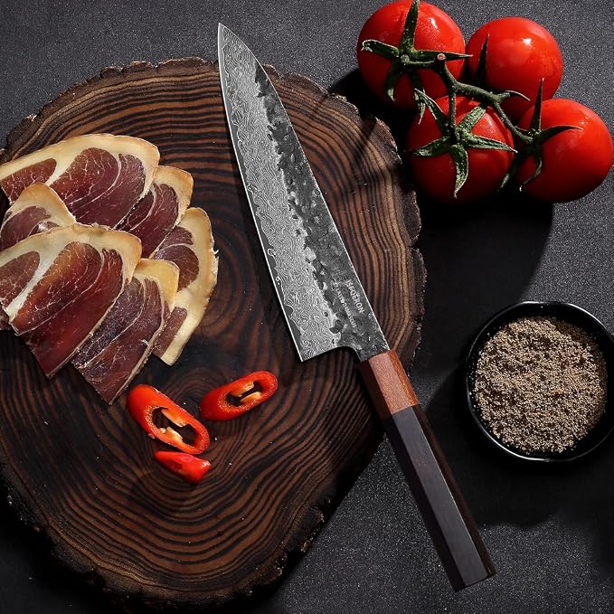 Japanese Chef Knife with VG10 Steel Core, 67-Layer Razor-Sharp Japanese Knife with Ergonomic Rosewood Handle, Professional Black Forged Chef's knives – Gift Grindstone Included