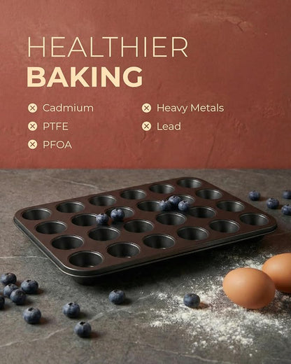 CARTMAN 24-Cup Mini Muffin Pan with 200 Paper Liners, Non-Stick Carbon Steel Mini Muffin Tin for Even Baking, Ideal for Cupcakes, Egg Bites, and Party Treats
