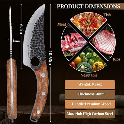 Chef Knife,Kitchen Knife for Boning,Cutting and Chopping,Hand Forged Butcher Knife,Stainless Steel Japanese Knife for Outdoor Cooking,Camping,BBQ,Ergonomic Handle,Brown