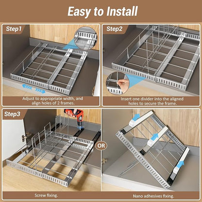 Housolution Pull Out Stainless Steel Baking Tray and Cookie Sheet Organizer, 13"-22" Width Expandable Cutting Board Holder with 8 Adjustable Dividers, 21.5" Deep Bakeware Rack for Cabinet, Silver