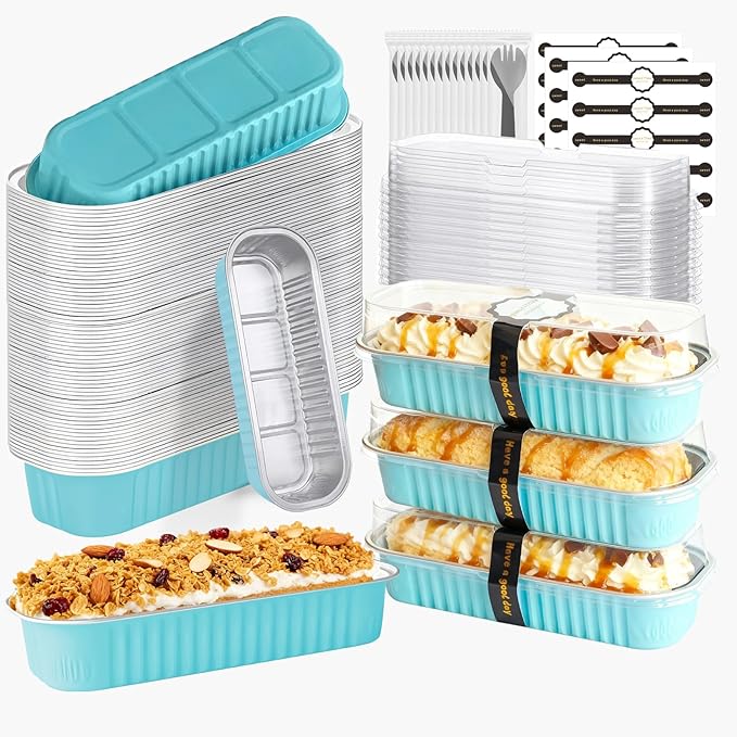 Mini Cake Pans with Lids and Spoons 200 Pack, Mini Loaf Pans with lids 6.8oz, Small Disposable Aluminum Foil Loaf Pans, Rectangular Baking Container for Party, Picnics and Housewarming (Blue)