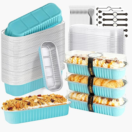 50 Pack Mini Cake Pans with Lids and Spoons, Mini Loaf Baking Pans 6.8oz, Small Disposable Aluminum Foil Loaf Pans, Rectangular Baking Containers for Party and Picnics, Cheesecake Pans (Blue)