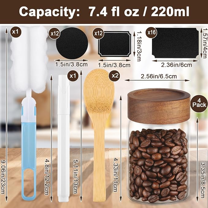 Glass Jar with Airtight Lid, 4 Pack 7oz Glass Canister with Wood Lids, Kitchen Food Storage Containers, Wooden Screw Top Glass Coffee Jars for Sugar, Tea, Oatmeal, Candy, Seasoning, Beans, Salad