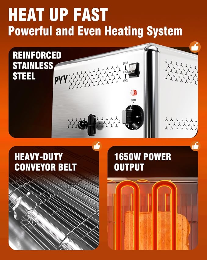 PYY Professional Commercial 6 Slice Toaster - 1800W Stainless Steel Heavy Duty Toaster, 6 Browning Levels, 1.1" Wide Slots, Removable Crumb Tray for Bagels Bread Waffles (Commercial & Home Use)