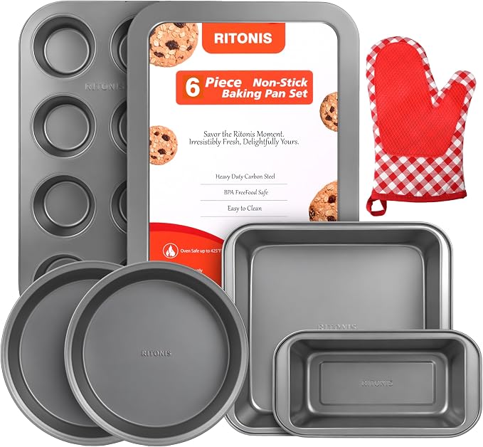 6-Piece Baking Pans Set, Non-stick Bakeware Sets Non-Toxic Baking Sheet Sets for Cooking, Include Round＆Square Cake Pan,Bread Pan,Muffin Pan, Cookie Sheet,with Baking Glove,Black