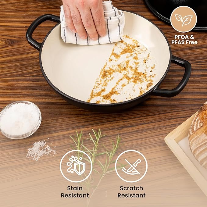 Enamelled Cast Iron Dutch Oven Pot – Dutch Oven For Sourdough Bread Baking – Cast Iron Bread Pot – Black, 6 Quarts, 26cm – by Nuovva