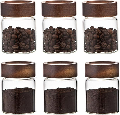 6 pc Glass Spice jars Glass Jars with Screw Lid 5 oz Acacia Wood Glass Herb Sugar Coffee Bean Ground Container Food Storage Canister for Candy Pantry Tea Seasoning Meal Prep Snack (6*150ml(5oz))