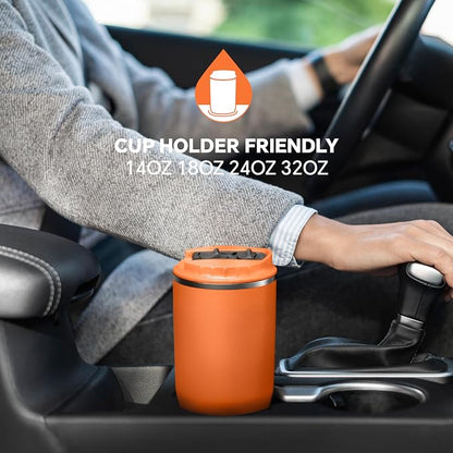 IDEUS Insulated Tumbler With Lid and Straw 14 oz, Stainless Steel Double-Wall Vacuum Leak-Proof Travel Coffee Mug, Cup Holder Friendly, Orange Tiger