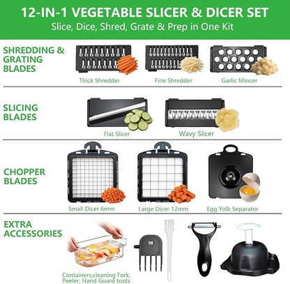 Laxeqohck12 in 1 Vegetable Chopper with Container, Stainless Steel Blade Onion Dicer, Safe Hand Guard Mandoline Slicer, Multifunctional Potato Grater Cutter for Kitchen Meal Prep Salad Making (white)