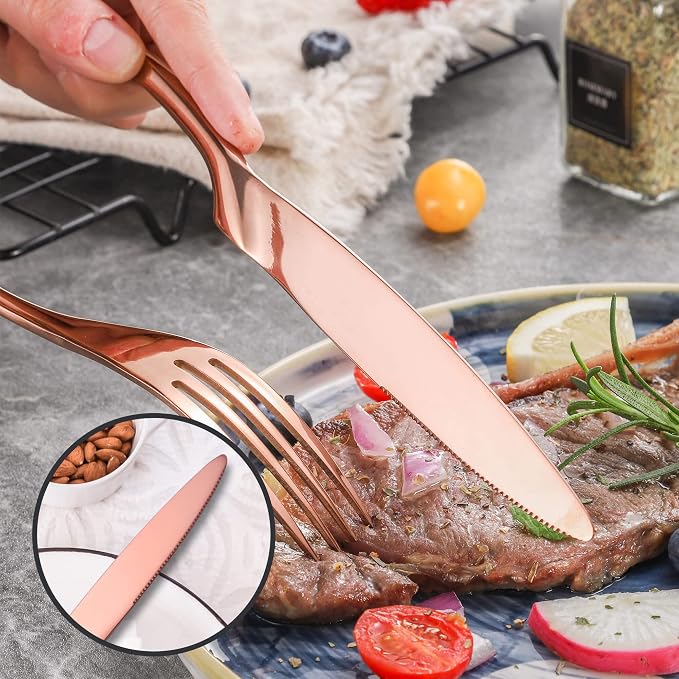 Lemeya 20-Pieces Rose gold Silverware Set for 4,Heavy Duty 18/10 Stainless Steel Flatware Set with Forged Stand Knives,Modern Cutlery Utensil Set,Mirror Polished,Dishwasher Safe