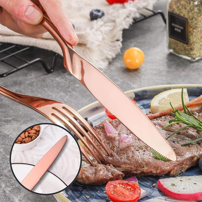 Lemeya 20-Pieces Rose gold Silverware Set for 4,Heavy Duty 18/10 Stainless Steel Flatware Set with Forged Stand Knives,Modern Cutlery Utensil Set,Mirror Polished,Dishwasher Safe