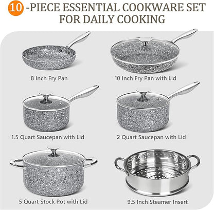 MICHELANGELO Stone Cookware Set 10 Piece, Ultra Nonstick Pots and Pans Set with Stone-Derived Coating, Kitchen Cookware Sets, Stone Cookware Sets, Granite Pots and Pans - 10 Piece